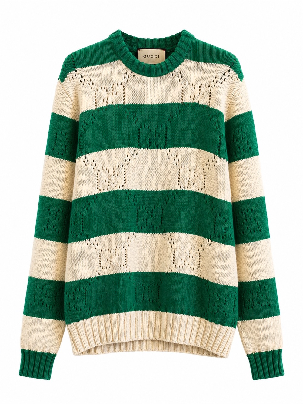 🚩steal Gucci Green and Cream Wide-Stripe Knit Crewneck Sweater